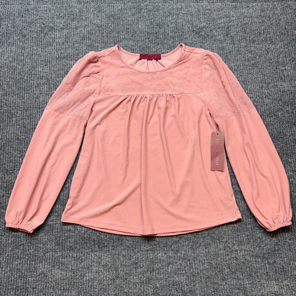 Love Scarlett Madame Blouse Womens Small Pink Lace Sheer Mesh Long Sleeve Top